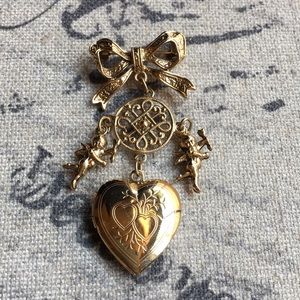 Gold Heart Locket Brooch